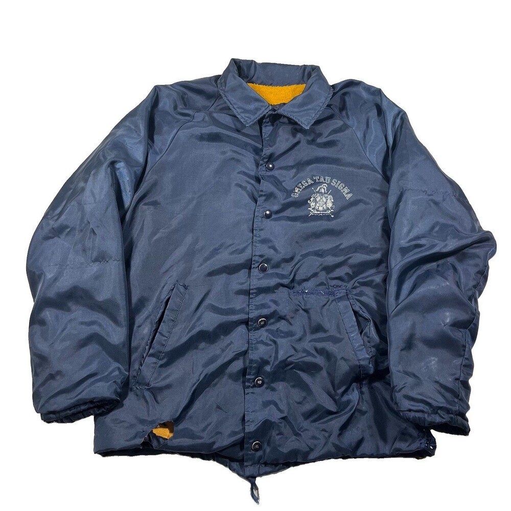 Vintage 70s Swingster Omega Tau Sigma Fraternity Coach Jacket Navy Size M